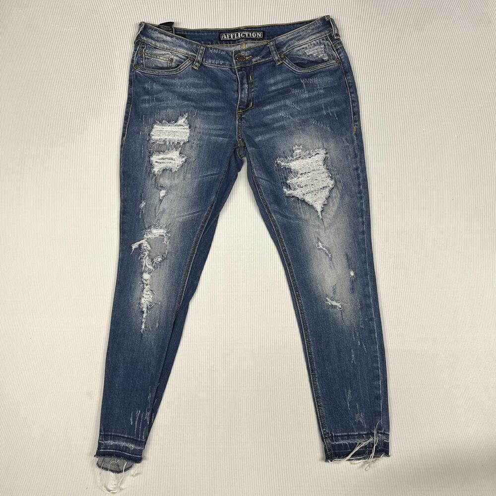 Affliction Jeans Womens 32 Blue Med Wash Raquel Distressed Skinny Mid Rise Denim